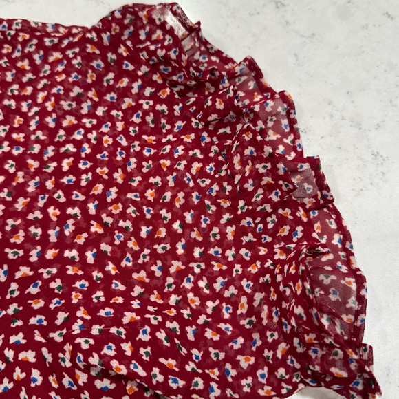 Madewell Women's Burgundy Floral Chiffon Top Short Sleeve Dress Shirt Lined - Picture 3 of 12